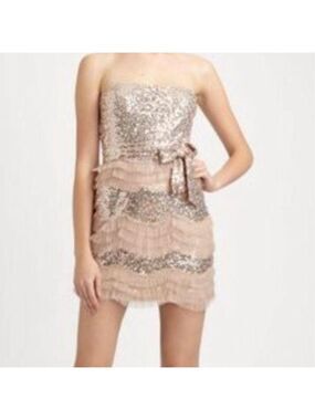 Badgley Mischka NWT rose gold blush Strapless Sequin Ruffle belted mini Dress 8
